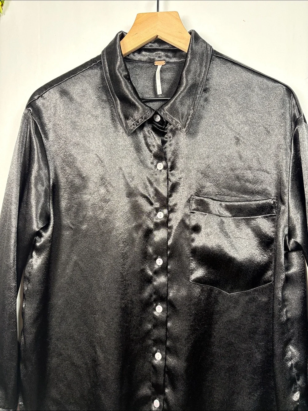 FREE PEOPLE Shooting for the Moon Button Down Black Silky Shirt size medium